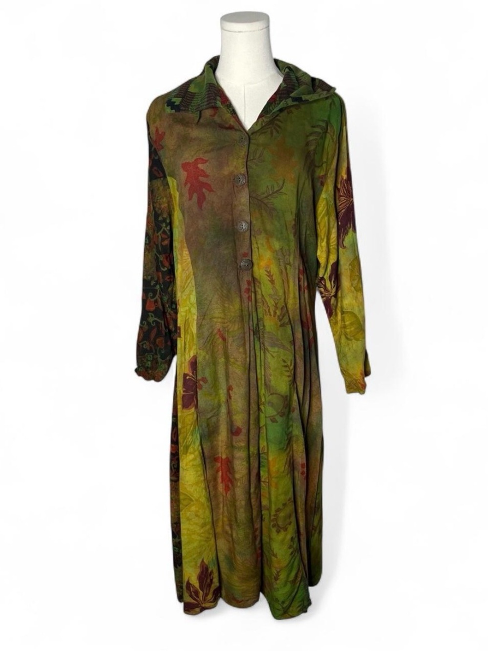 Vintage URU Green Floral Mixed Print Button Front Midi Shirt Dress Boho Artsy